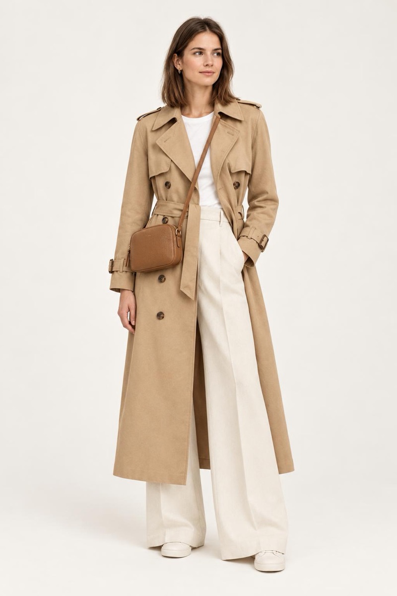 Office look: camel trench coat, cream wide-leg trousers, tan leather crossbody