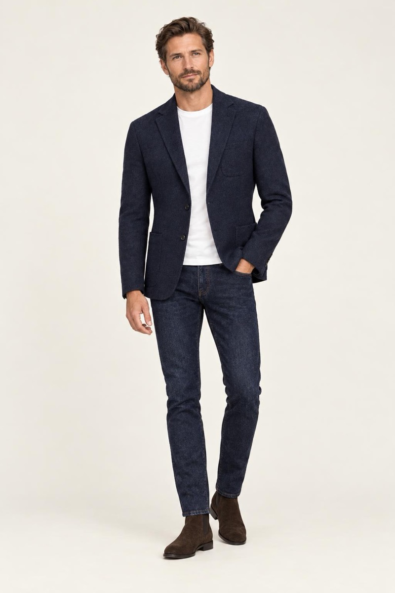 Smart look: navy unstructured blazer, dark indigo slim jeans, brown suede chelsea boots