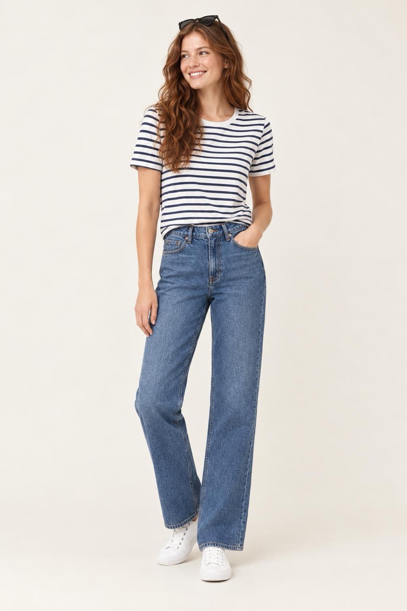 Weekend look: breton striped tee, relaxed mid-blue jeans, white canvas sneakers